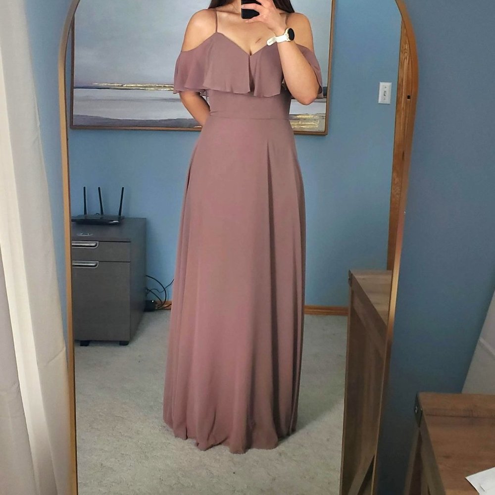 Mori Lee Chiffon Fawn Grad or Bridesmaids Dress Off the Shoulder Size 8